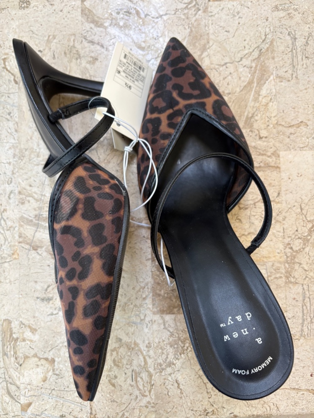 A New Day Leopard Print Mesh Pointed Toe High Heel Elegant Mule Size 9.5
